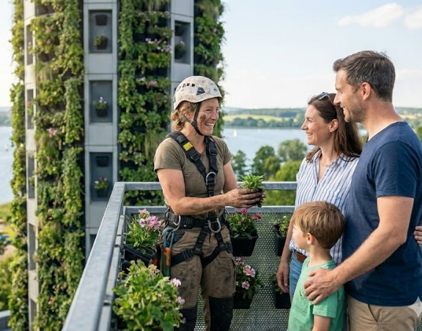 G�rtnerin vor dem bepflanzten Turm mit einer Familie vor sich auf der Plattform